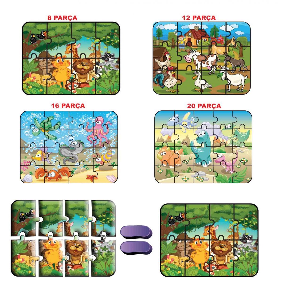Süper Renkli 4'lü Puzzle - Hayvanlar / 8+12+16+24 Parça Puzzle