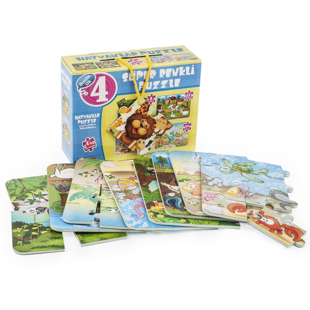 Süper Renkli 4'lü Puzzle - Hayvanlar / 8+12+16+24 Parça Puzzle