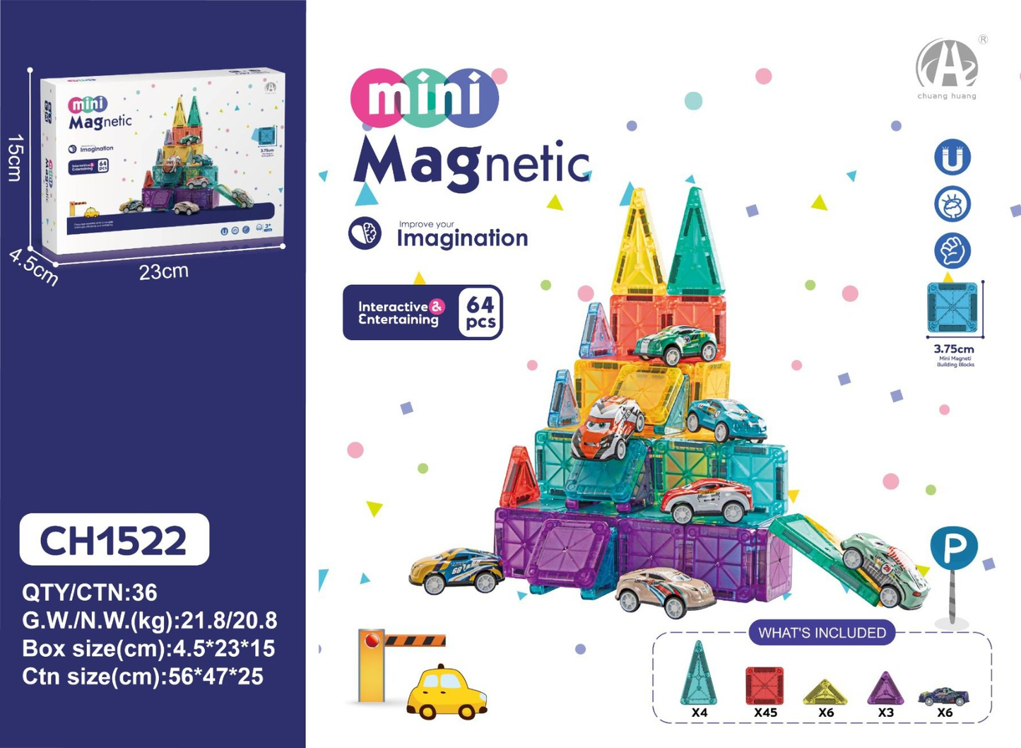3.75 cm Mini Magnetic Blok: 64 Parça Dev Yaratıcılık Seti!